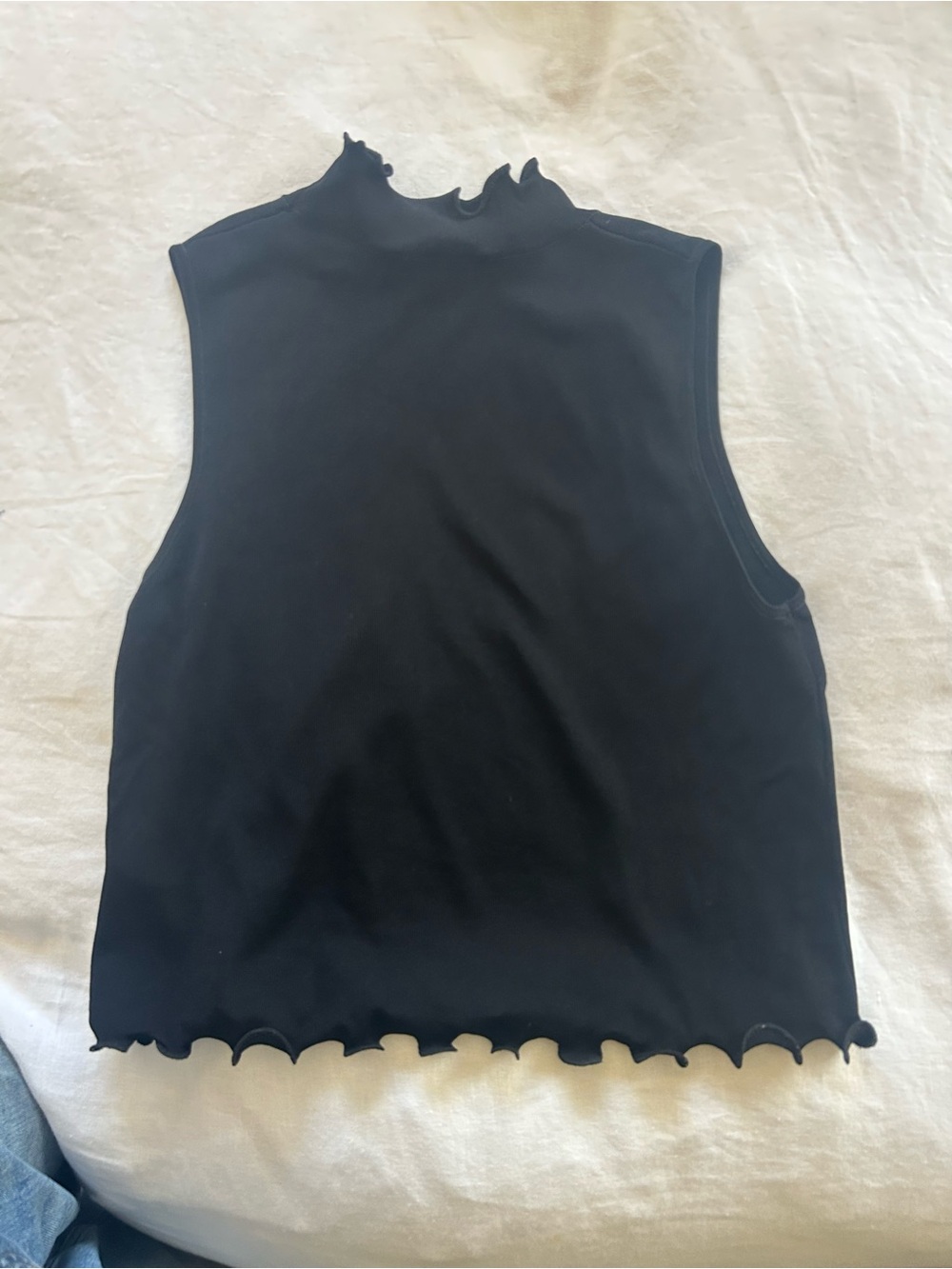 Zara Black Sleeveless Lettuce-Edge Mock Neck Top
